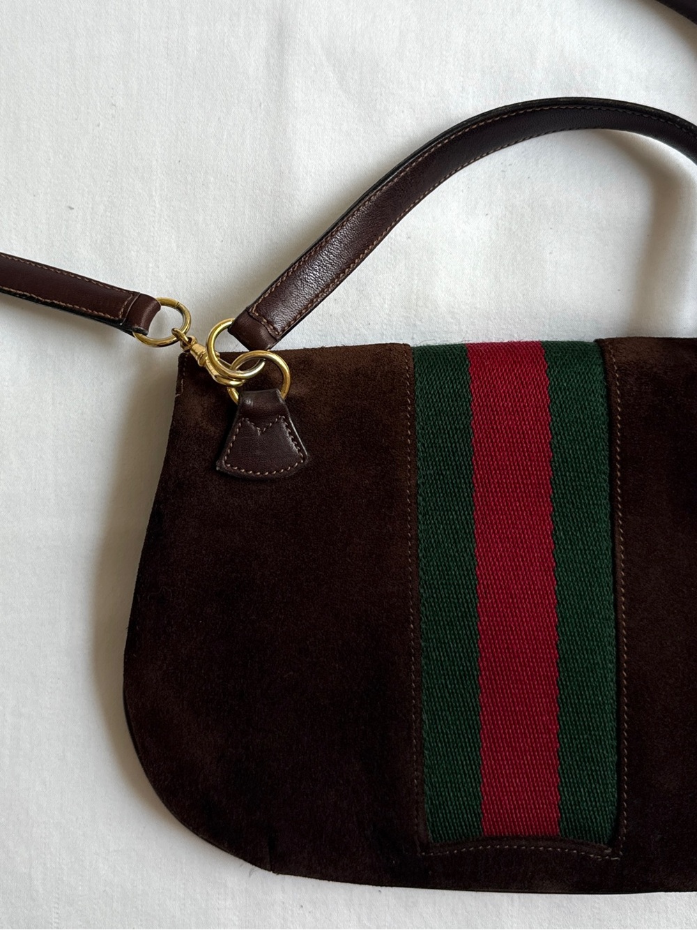 Vintage 1970s Gucci Rare Brown Suede Web Stripe Bag Quiet Luxury Crossbody - Picture 7 of 15